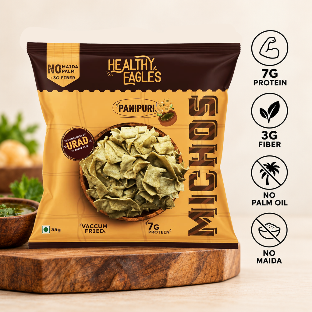 Healthy Eagles Pani Puri Michos | 7g Protein | 3g Fiber | No Maida | No Palm Oil | Vacuum Fried | 35g