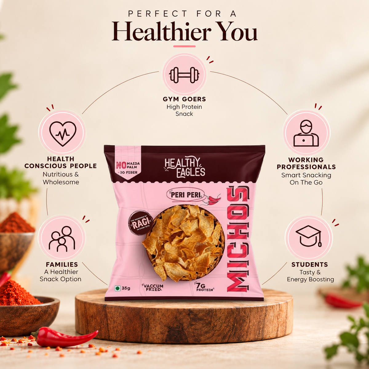Healthy Eagles Peri Peri Michos | 7g Protein | 3g Fiber | No Maida | No Palm Oil | Vacuum Fried | 35g