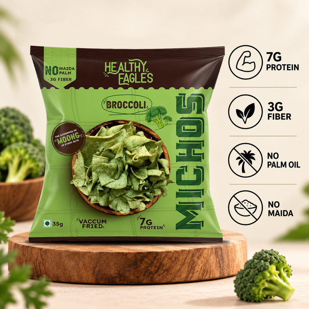 Healthy Eagles Broccoli Michos | 7g Protein | 3g Fiber | No Maida | No Palm Oil | Vacuum Fried | 35g