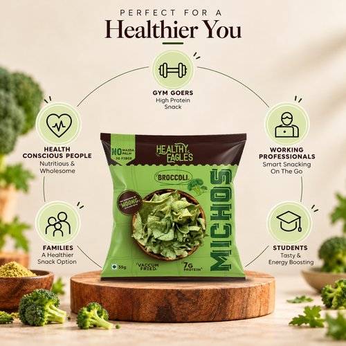 Healthy Eagles Broccoli Michos | 7g Protein | 3g Fiber | No Maida | No Palm Oil | Vacuum Fried | 35g