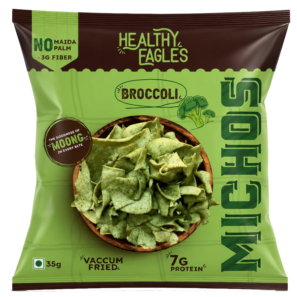 Healthy Eagles Broccoli Michos | 7g Protein | 3g Fiber | No Maida | No Palm Oil | Vacuum Fried | 35g
