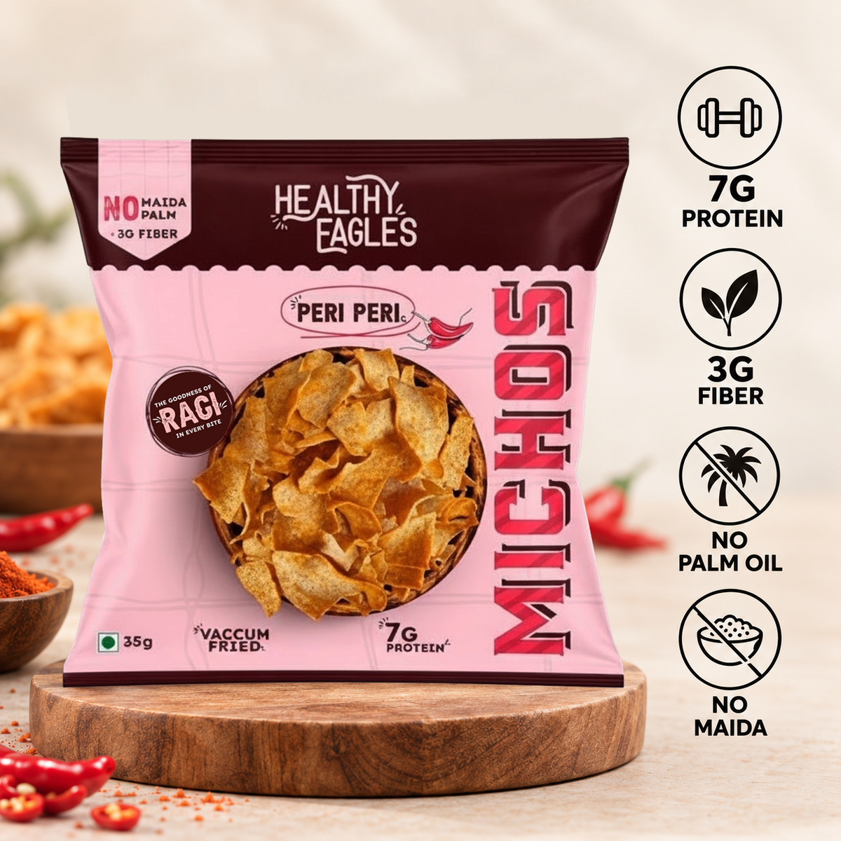 Healthy Eagles Peri Peri Michos | 7g Protein | 3g Fiber | No Maida | No Palm Oil | Vacuum Fried | 35g